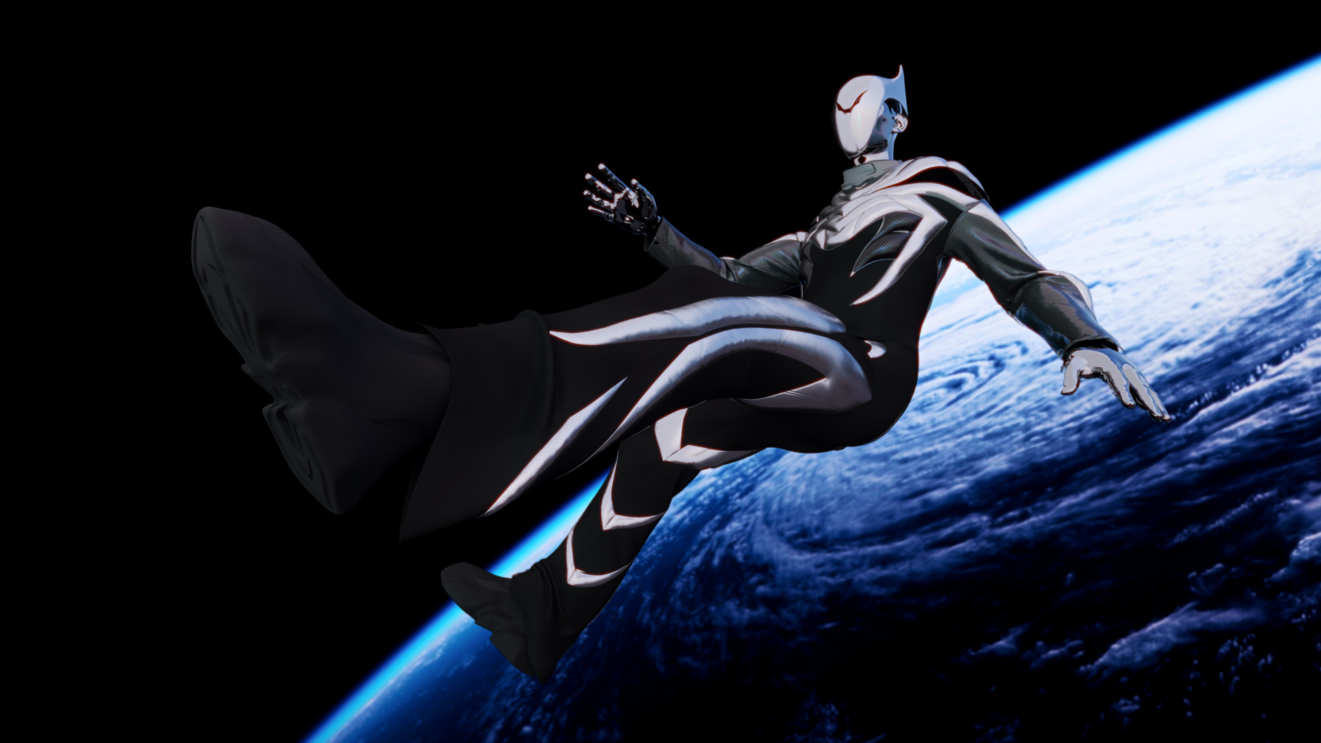 Digital astronaut character floating above Earth