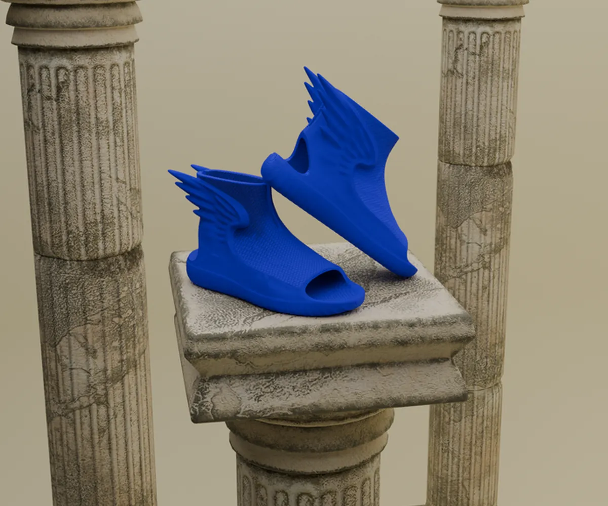 Blue winged Talarias sandals on a classical column